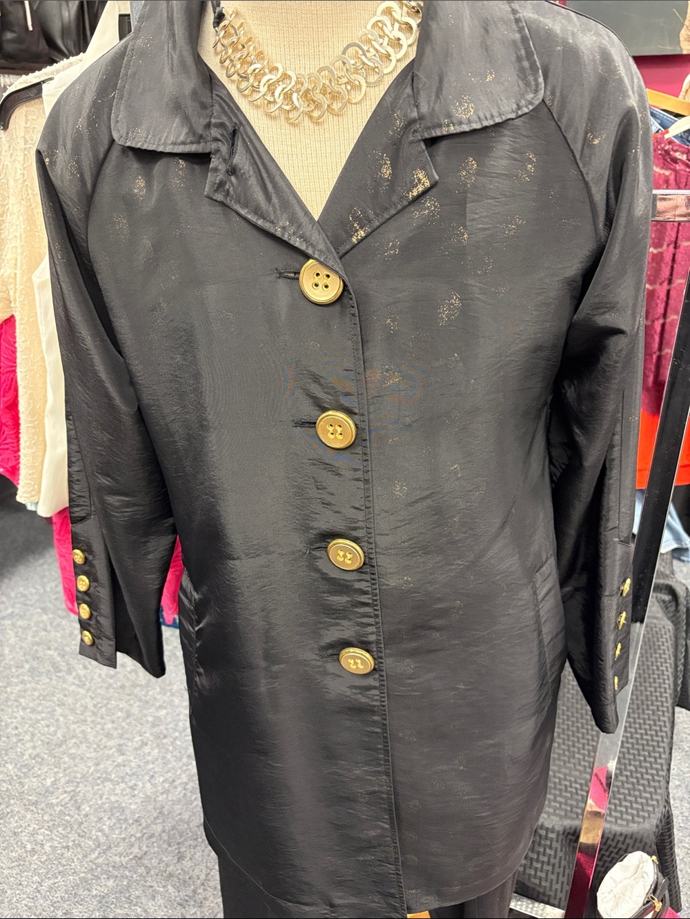 Black Satin-Effect Blazer with Gold Button Detail